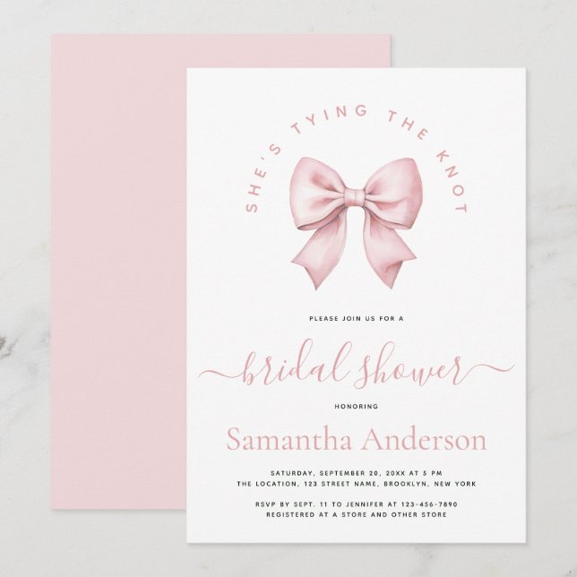 Pink Bow She's Tying the Knot Bridal Shower Einladung (Vorne/Hinten)