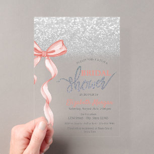 Pink Bow Silver Glitzer Bokeh Brautparty Acryleinladungen