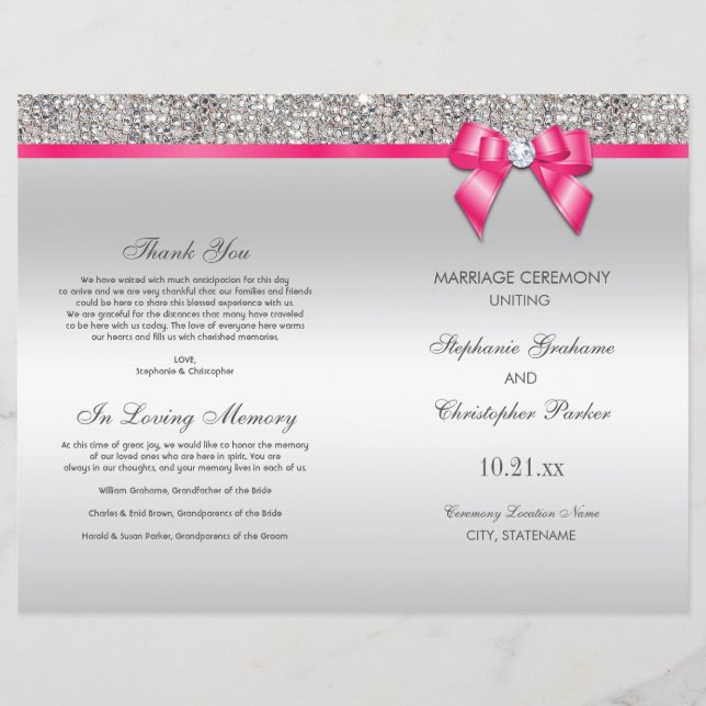 Pink Bow Silver Sequins Hochzeitsprogramm (Vorderseite)