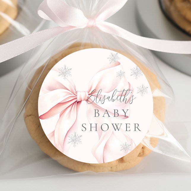 Pink Bow Snowflakes Babydusche Runder Aufkleber (Von Creator hochgeladen)