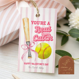 Pink Bow Sports Softball Stripe Valentine Tag Geschenkanhänger