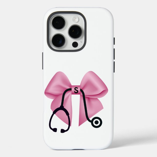 Pink Bow & Stethoscope Personalisiert Medizin iPhone 16 Pro Hülle (Rückseite)