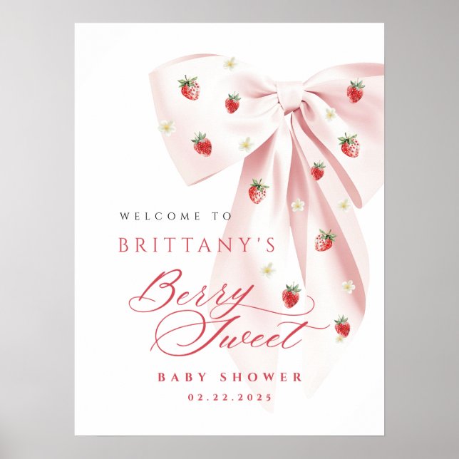 Pink Bow Strawberry Baby Shower Poster (Vorne)
