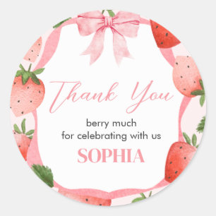 Pink Bow Strawberry Berry Erste Geburtstagsparty Runder Aufkleber