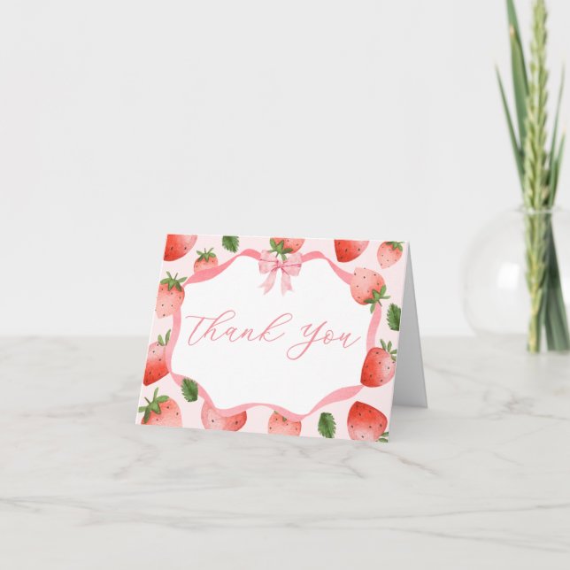 Pink Bow Strawberry Berry Sweet Baby Dusche Dankeskarte (Vorderseite)