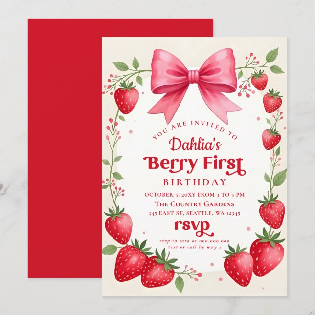 Pink Bow Strawberry Birthday Berry Erster Geburtst Einladung (Vorne/Hinten)