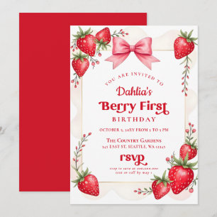Pink Bow Strawberry Birthday Berry Erster Geburtst Einladung
