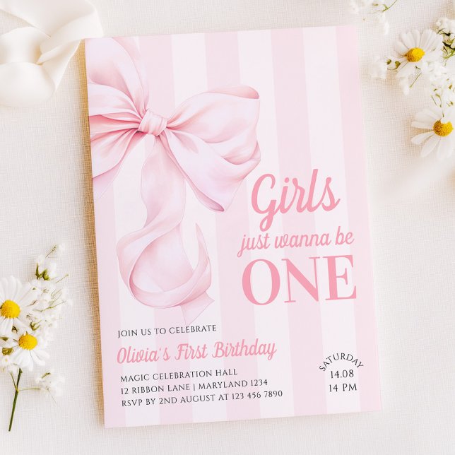 Pink Bow Stripes First Birthday Einladung (Von Creator hochgeladen)