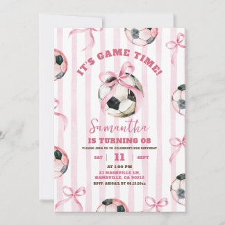 Pink Bow Stripes Girl Fußballspiel Geburtstag Einladung