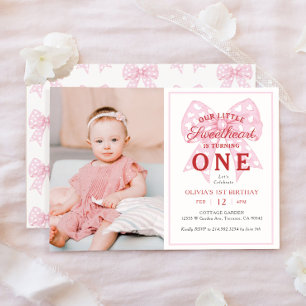 Pink Bow Sweetheart ist ein Mädchen 1. Geburtstag  Einladung
