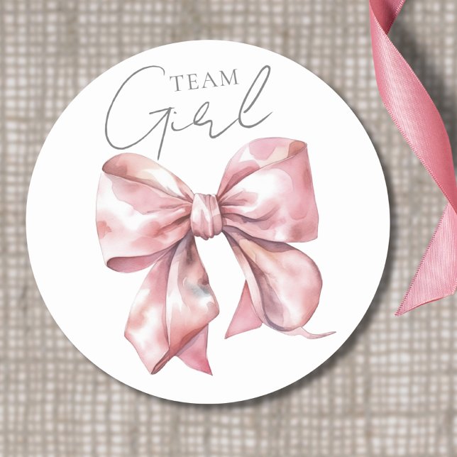 Pink Bow Team Girl Gender Reveal Runder Aufkleber (Pink Bow Baby Gender Reveal Team Girl Classic Round Sticker)
