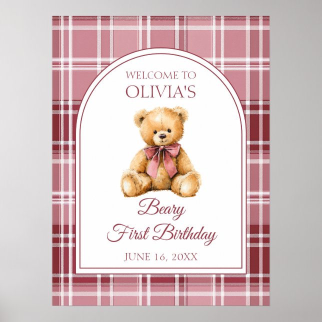 Pink Bow Teddy Bear Birthday Welcome Sign Poster (Vorne)