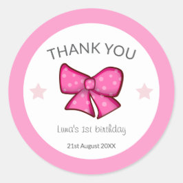 Pink Bow Thank You Girl Kids 1st Birthday Runder Aufkleber
