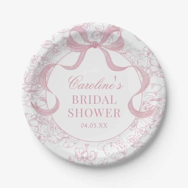 Pink Bow Toile Brautparty Papier Teller (Vorderseite)
