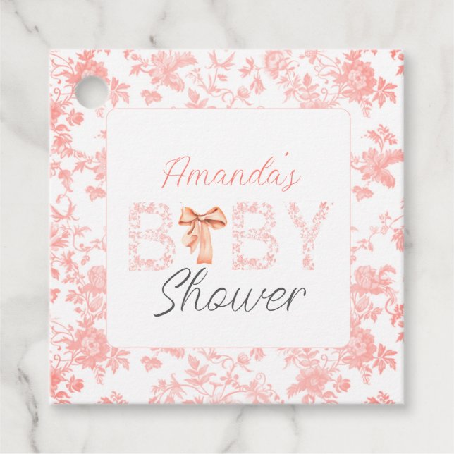 Pink Bow Toile de Jouy Floral Baby Dusche Geschenkanhänger (Vorderseite)