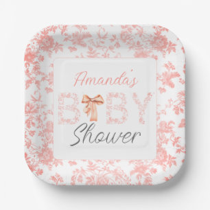 Pink Bow Toile de Jouy Floral Baby Dusche Pappteller