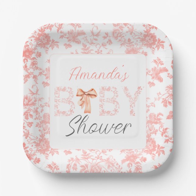 Pink Bow Toile de Jouy Floral Baby Dusche Pappteller (Vorderseite)
