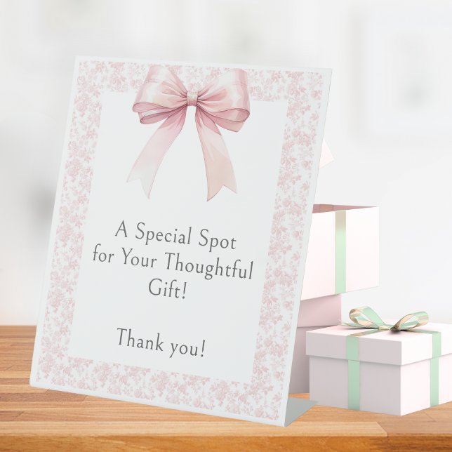 Pink Bow Toile Girl Babydusche Geschenktisch Sockelschild (Pink Bow Toile Girl Baby Shower Gift Table Pedestal Sign)