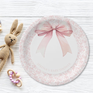 Pink Bow Toile Girl Babydusche Teller