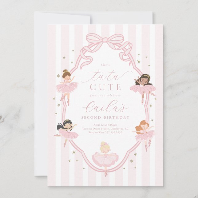 Pink Bow Tutu Cute Ballerina Birthday Invitation (Devant)