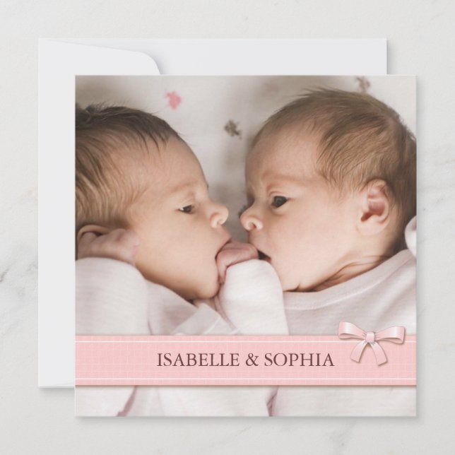 Pink Bow Twin Girls Baby Photo Faire-part de naiss (Devant)