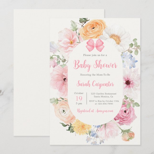 Pink Bow und Floral Baby Shower Girl Einladung (Vorne/Hinten)