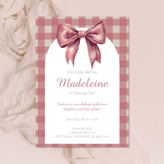Pink Bow Vintag Gingham Girl Einladung