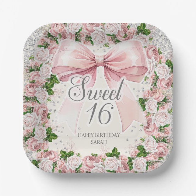 Pink Bow Vintage Coquette Sweet 16 Pappteller (Vorderseite)
