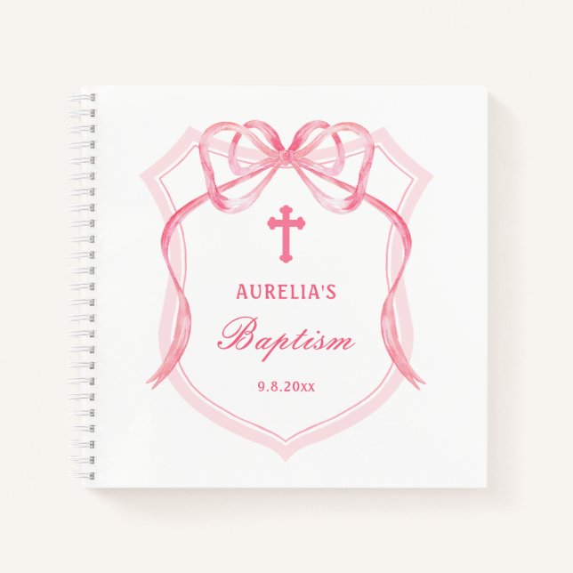 Pink Bow Wappen Taufe Gästebuch Notizbuch (Vorderseite)