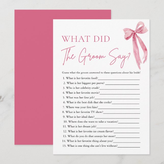 Pink Bow, was hat der Groom gesagt, Brautparty Gam Einladung (Vorne/Hinten)