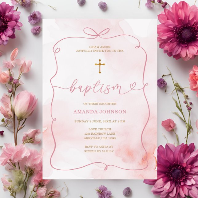Pink Bow Watercolor Girl Christening Taufe Einladung (Von Creator hochgeladen)