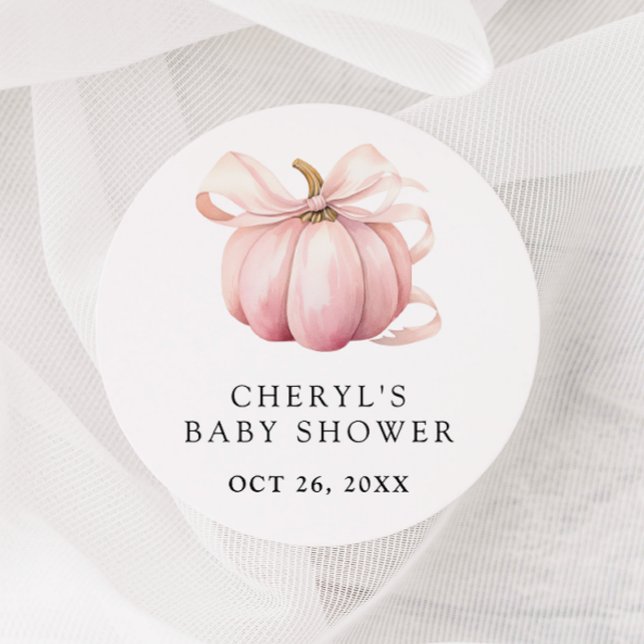 Pink Bow Watercolor Pumpkin Baby Dusche Runder Aufkleber (Von Creator hochgeladen)