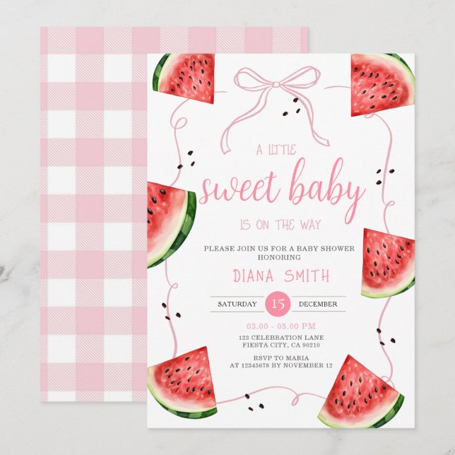 Pink Bow Watermelon Baby Shower Einladung (Vorne/Hinten)