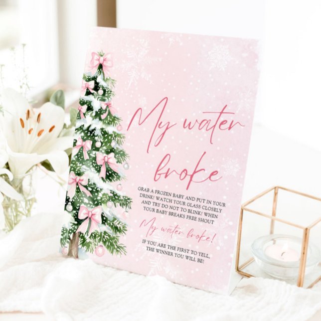 Pink Bow Weihnachtsbaum Mein Wasser Broke Baby Dus Sockelschild (Pink Bow Christmas Tree My Water Broke Baby Shower Game Sign)