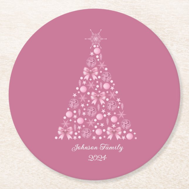 Pink Bow Weihnachtsbaum Runder Pappuntersetzer (Vorderseite)
