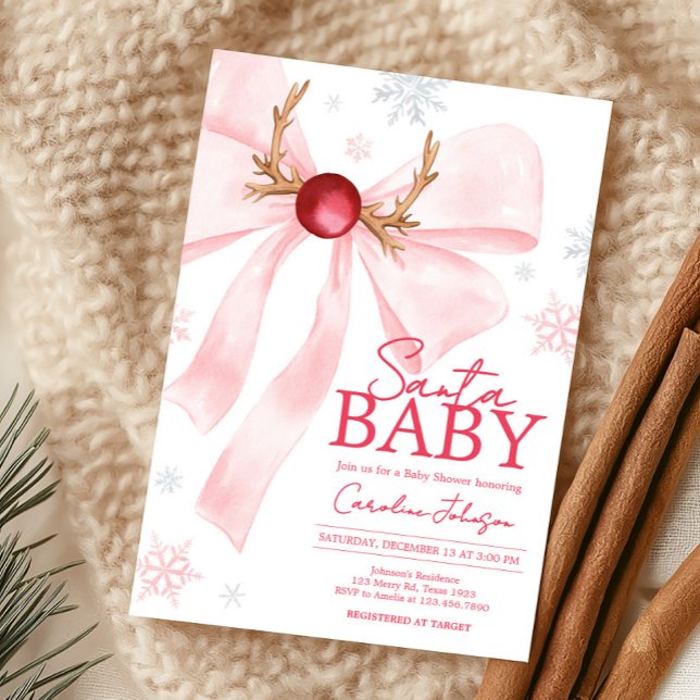 Pink Bow Weihnachtsschneeflocken Kinderdusche Einladung (Coquette Pink Bow Santa Baby Christmas Baby Shower Invitation)