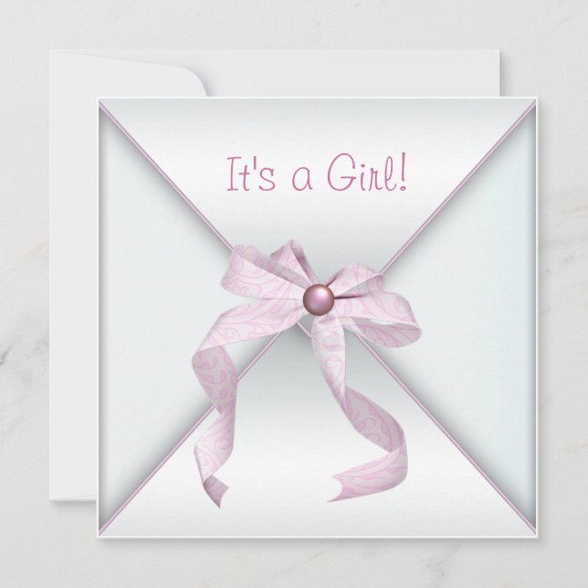 Pink Bow White Baby Girl Douche Invitations (Devant)