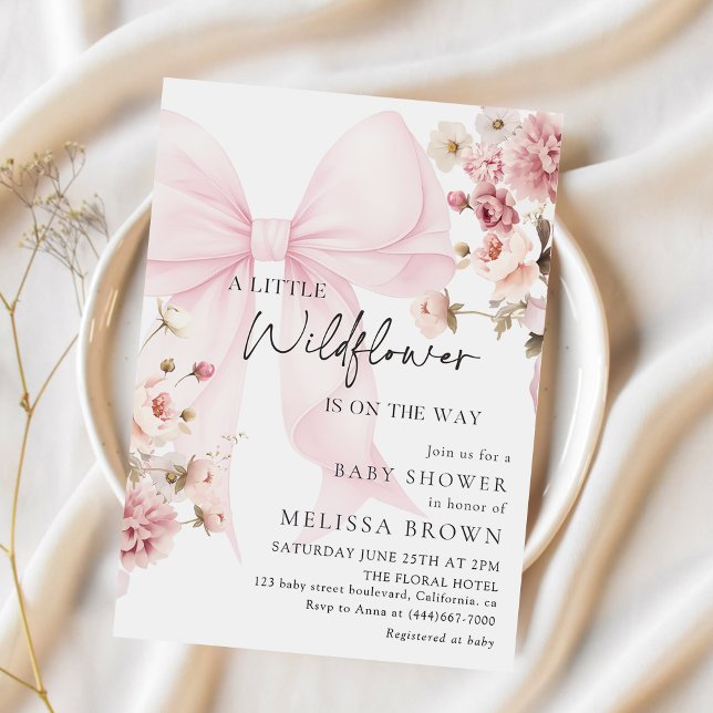 Pink Bow Wildflower Baby Shower Invitation (Créateur téléchargé)