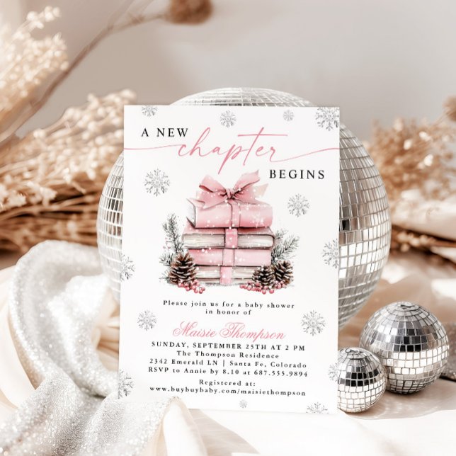 Pink Bow Winter Baby Shower A New Chapter Begins Einladung (Von Creator hochgeladen)