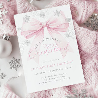Pink Bow Winter Erster Geburtstag Einladung