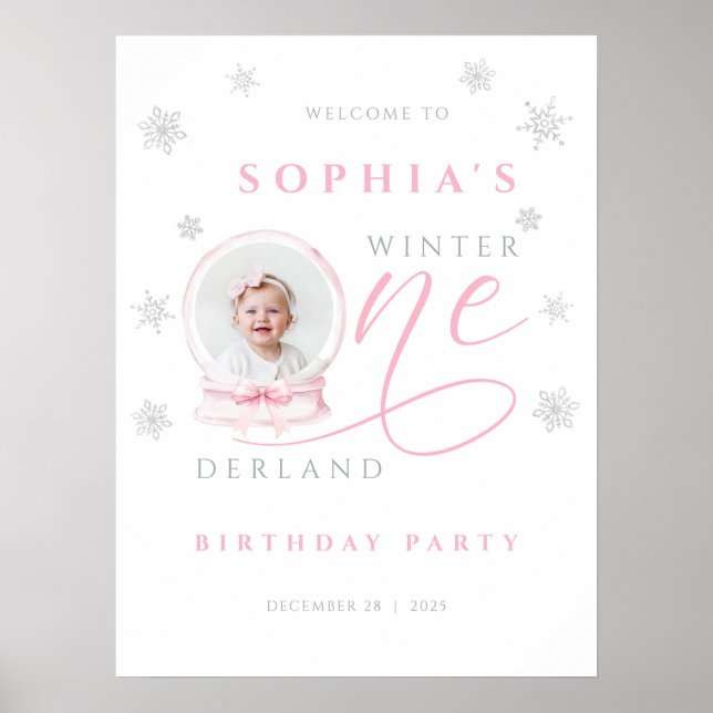Pink Bow Winter First Birthday Welcome Sign Poster (Vorne)