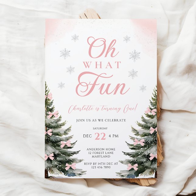 Pink Bow Winter Girl 1st Birthday Einladung (Von Creator hochgeladen)