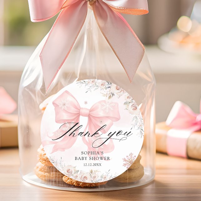 Pink Bow Winter Girl Babydusche Danke Runder Aufkleber (Von Creator hochgeladen)