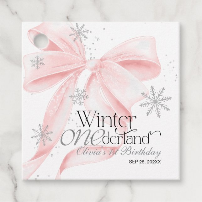 Pink Bow Winter Onederland 1st Birthday Geschenkanhänger (Vorderseite)