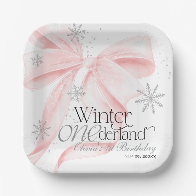 Pink Bow Winter Onederland 1st Birthday Pappteller (Vorderseite)