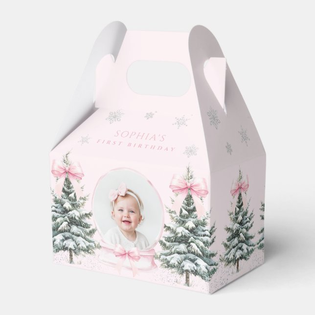 Pink Bow Winter ONEderland First Birthday Geschenkschachtel (Vorderseite)
