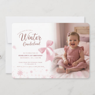 Pink Bow Winter Onederland Girl Photo 1st Birthday Einladung