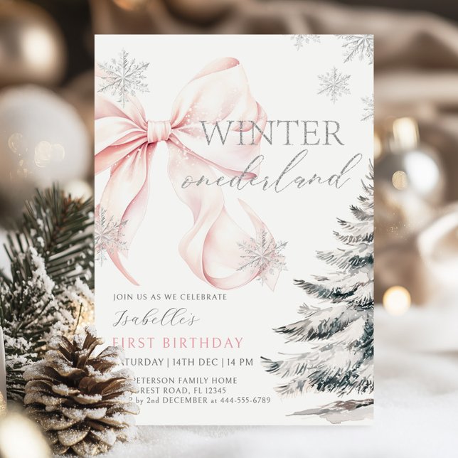 Pink Bow Winter Onerderland Girl 1. Geburtstag Einladung (Von Creator hochgeladen)