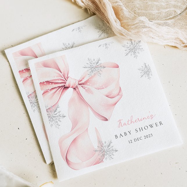 Pink Bow Winter Theme Snowflake Baby Shower Serviette (Von Creator hochgeladen)