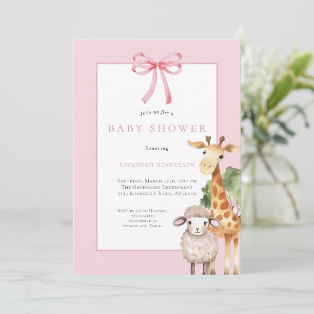 Pink Bow Woodland Animals Baby Dusche Einladung (Stehend Vorderseite)